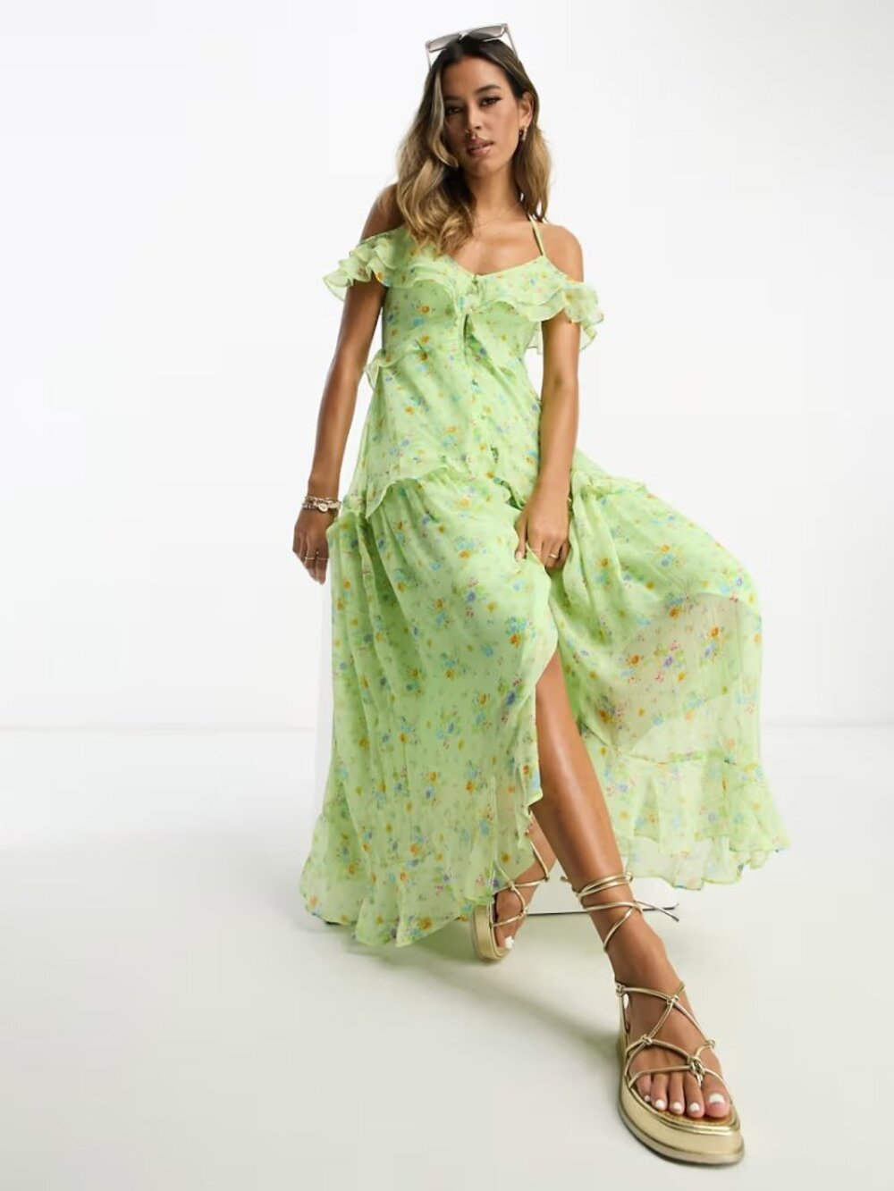 ASOS DESIGN chiffon v neck frill midi tea dress